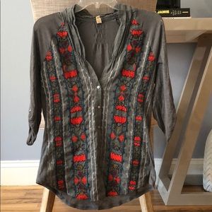 Grey button down with red/teal/silver sewing